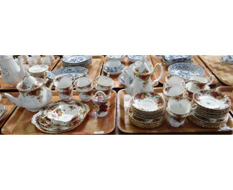Two trays of Royal Albert 'Old Country Roses' to include: coffee pot, coffee cups, teacups and saucers, teapot, small plates,
