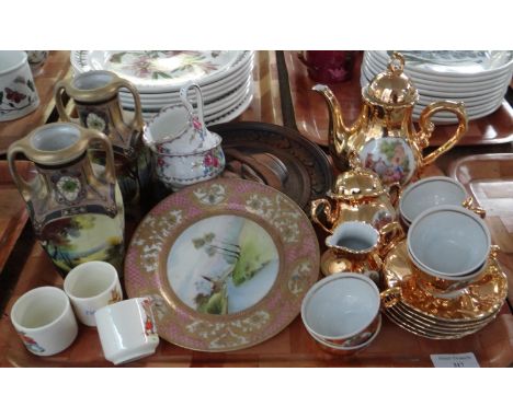 Tray of mostly china to include: continental gold lustre part coffee set, Royal Doulton bunnykins eggcups, Noritake vases and