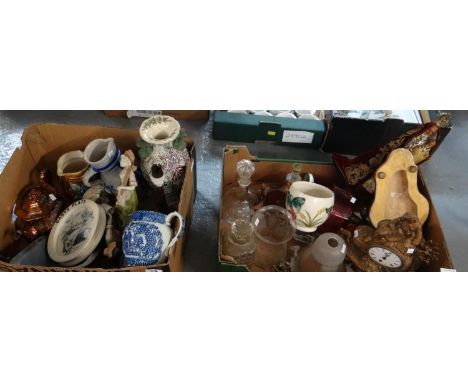 Two boxes of assorted items to include: 19th Century spelter figural clock with stand, Moorcroft Art pottery tube lined bowl,