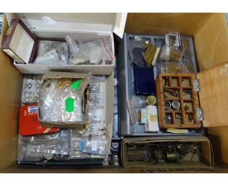 Box of watch parts, horological and jewellery making equipment and accessories to include: various size drill shanks, clock h