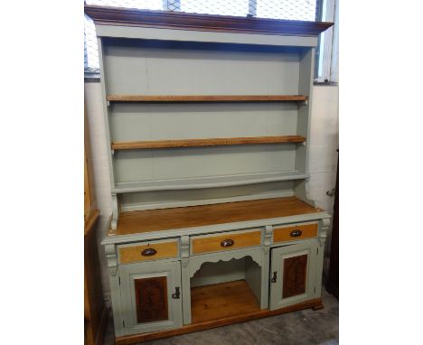 Painted kitchen dresser now having open shelf rack back with frieze drawers, two cupboards and dog kennel to the base.  154cm