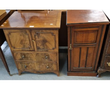 Edwardian mahogany pot cupboard together with a 19th century two door cabinet with two cock beaded drawers on bracket feet.  