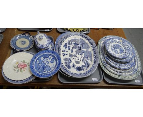 Three trays of mostly blue and white 19th century china to include: graduated set of 'Colandine' Llanelly Pottery meat dishes