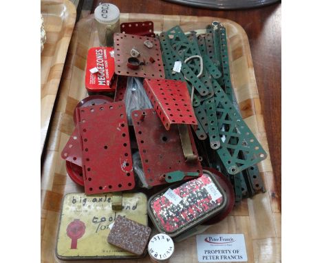 Box of Meccano pieces, some in vintage tins.    (B.P. 21% + VAT) 