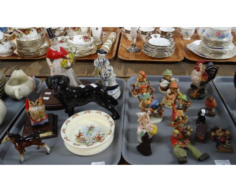 Two trays of mostly china to include: Goebel, Hummel figurines of children, some with animals, Royal Albert Beatrix Potter 'M