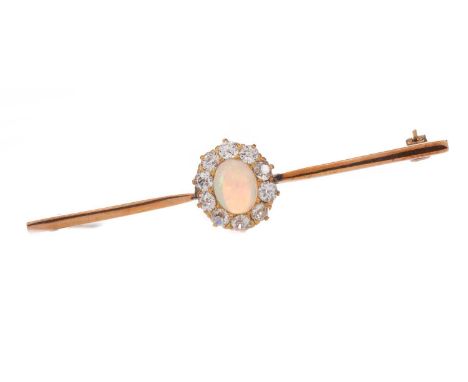 OPAL AND DIAMOND BAR BROOCH,set with a cabochon opal within an old cut diamond halo totalling approximately 1.00 carat, unmar