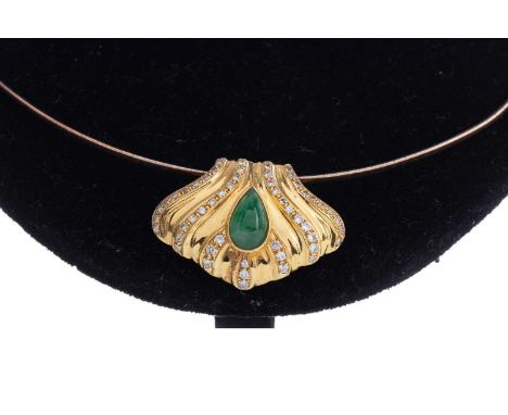 AMENDMENT: THIS IS A JADE AND DIAMOND NECKLET,the fan shaped section set with cabochon pear shaped jade stone flanked by rows