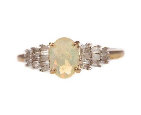 OPAL AND DIAMOND RING,set with an oval opal on tiered baguette cut diamond shoulders, marked 9K, size L, 1.7gCondition report