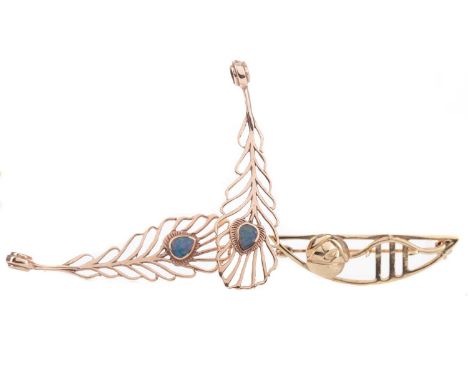 TWO OPAL DOUBLET PENDANTS,of the same design, in unmarked rose gold, 5.9g gross, along with a nine carat gold Rennie Mackinto