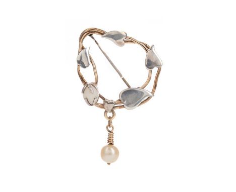 HEART MOTIF BROOCH,set with a cabochon opal to an openwork yellow metal mount with overlaid silver hearts, suspended faux pea
