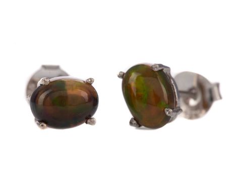 PAIR OF ETHIOPIAN BLACK OPAL STUD EARRINGS,set with cabochon opals, in silver