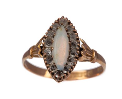 OPAL AND GEM SET RING,set with a marquise shaped opal with a white gem set halo, in nine carat gold, size P 1/2, 2g