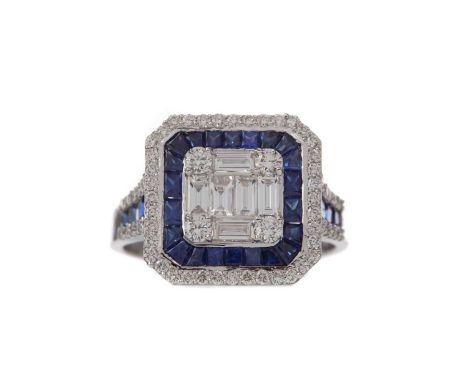 SAPPHIRE AND DIAMOND RING,Art Deco style, set with calibre cut sapphires totalling approximately 2.28 carats, with round bril
