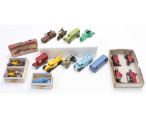 A collection of vintage diecasts including a John Hill &amp; Co. Army Truck, 2x LondonToy model Buses, 2x Depose of France Tr