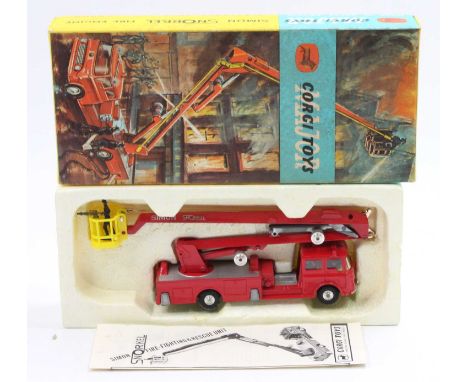 A Corgi Toys No. 1127 Simon Snorkel fire engine comprising of red body with fire engine figures and spun hubs housed in the o