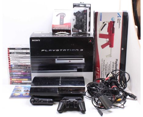 A collection of various Play Station related video game consoles, leads, and accessories to include a Play Station 3 console,