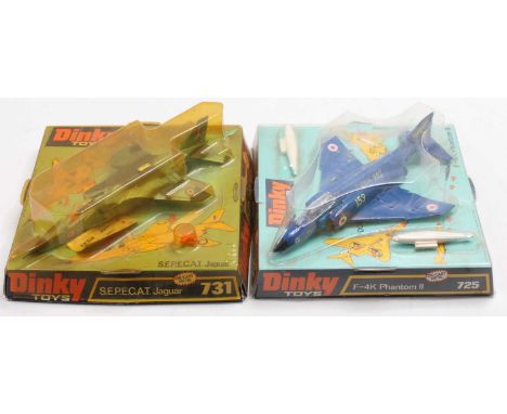 Dinky Toys bubble-packed aircraft group of 2 comprising No. 725 F-4K Phantom, and No. 731 SEPECAT Jaguar (both VG-E,BG)