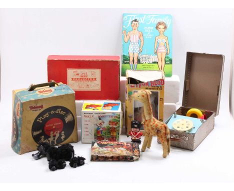 Two trays containing a collection of mixed vintage toys and collectables to include a Triang Play-a-disc record player, a bat