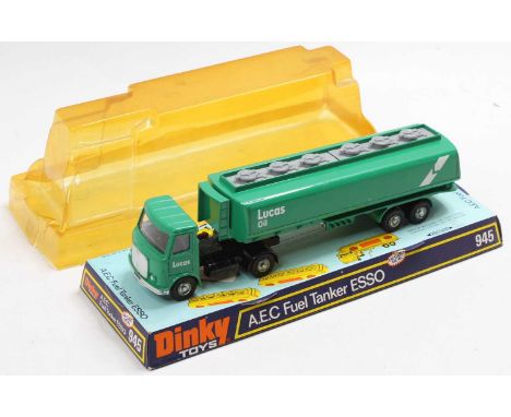 Dinky Toys No. 945 AEC Tanker-Lucas Oil, comprising of green body with black chassis and unpainted hubs, housed in the bubble