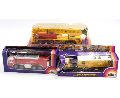 Siku diecast model group of 3 comprising No. 3411 Airport Fire Engine, No. 3710 ADAC Automobile Club Testing Vehicle, and No.