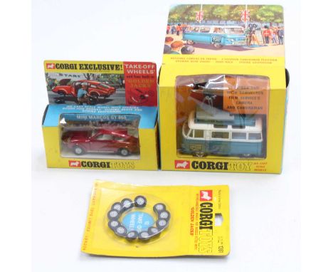 A Corgi Toys boxed diecast group with accessories to include a No. 479 Comma mobile camera van comprising of white and metall