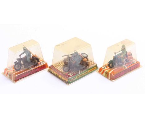 Three various boxed Britains motorcycle despatch riders to include No. 9679 German Army, No. 9681 German Army Combination, an