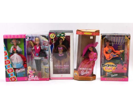 5 boxed Mattel Barbie Dolls, with examples including Beyond Pink Barbie, German Barbie, and 3 others