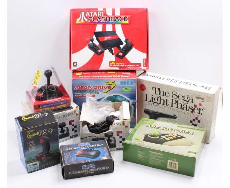 One box of mixed Sega, Xbox, Atari, and similar gaming console accessories including a Sega Light Phaser, an Atari Flashback,