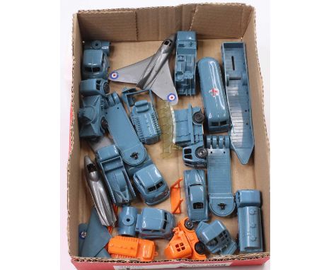 Tray of various Triang Minic plastic RAF and Military vehicles, to include public transport coach, bulldozer, aircraft carrie
