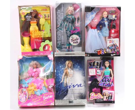 6 boxed Mattel Barbie Dolls, with examples including "Salon Surprise" Barbie, the first Barbie of 2000, and others
