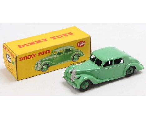 Dinky Toys No. 158 Riley saloon comprising of green body with matching hubs, the model has some light edge wear, housed in th