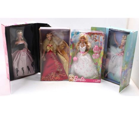 4 boxed Mattel Barbie Dolls, with examples including Timeless Silhouette Barbie, Ballet Masquerade Barbie, Glorious Gala Barb