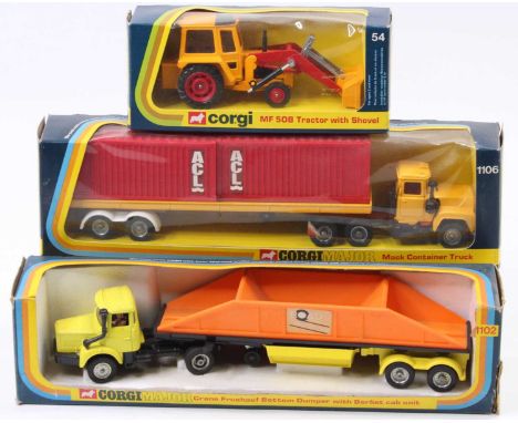 Corgi Toys boxed group of 3 comprising No. 1106 Mack Container Truck in yellow with red containers, and "ACL" livery (NMM-BE)