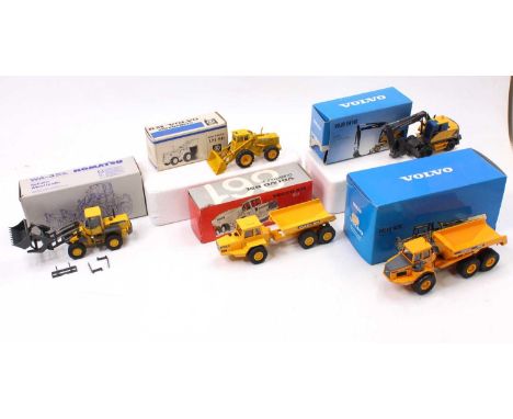 5 boxed 1/50th scale construction and earth moving diecast vehicles to include NZG Volvo A25C, a NZG Volvo EW160 (Box Damaged