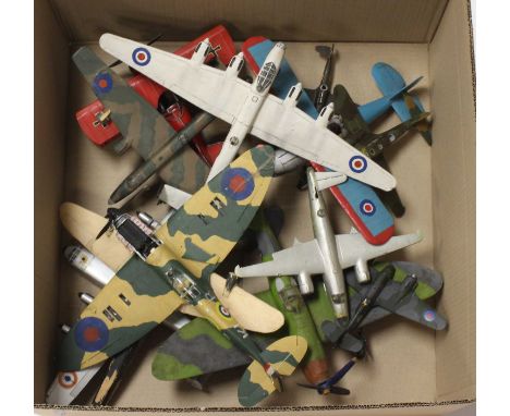 A collection of large scale wooden kit built and scratch built WWII aircraft to include Spitfires, Fokker DR1, Lancaster and 