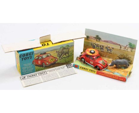 A Corgi Toys No. 256 Volkswagen 1200 East African Safari race car comprising of red body with plastic rhinocerous figure, com