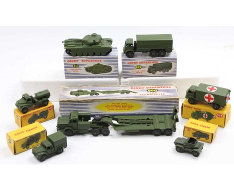 Dinky Toys boxed military group of 7 with examples to include No. 660 Tank Transporter, No. 622 10 Ton Army Truck, No. 626 Mi