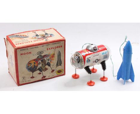 A Yonezawa of Japan No. 2205 M-27 NASA Moon Explorer, comprising of red and white tin printed body, with blue plastic hand un