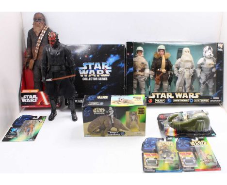 A collection of boxed modern release Star Wars related action figures and collectables to include a Star Wars Kenner collecti