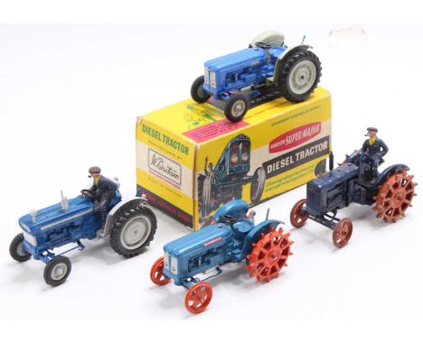 One box containing a collection of mixed boxed repainted and playworn Britains tractors to include a No. 9525 Fordson Superma
