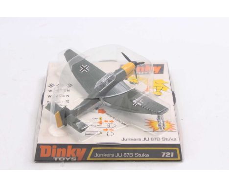 Dinky Toys No. 721 Junkers JU 87B Stuka, drab green with yellow engine cover and tail, and blue undercarriage, sold in the or