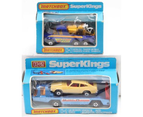 2 Matchbox Lesney Super Kings comprising K2 Car Recovery in metallic blue, with red plastic ramps, amber windows, 5 spoke whe