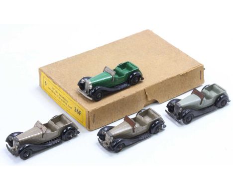 A Dinky Toys original trade box No. 36F 6 British Salmson four seater sports car, containing four various examples to include