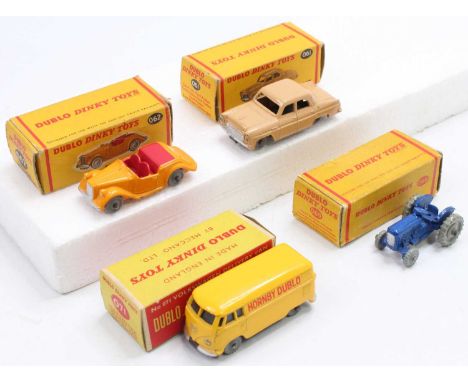 Four Dublo Dinky Toys: 061 Ford Prefect, beige, smooth grey tyres (E-BE); 062 Singer Roadster, yellow, smooth grey tyres (E-B