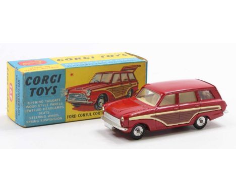 Corgi Toys No. 491 Ford Consul Cortina Super Estate car finished in bright red with brown side panels and a cream interior, h