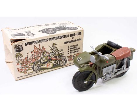 A Cherilea Battle Force German Army motorcycle and sidecar comprising of green body with silver engine and brown seat, housed