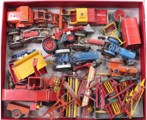 Corgi Toys and Dinky Toys play-worn farming diecasts including a Corgi Toys No. 69 Massey Ferguson 165 Tractor, Dinky Toys No