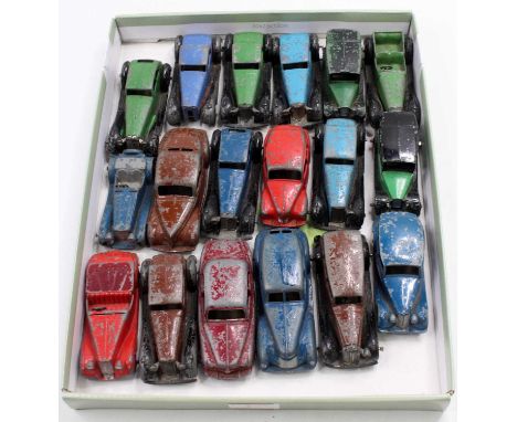 A tray containing 18 Dinky Toys cars in play-worn condition, specific examples include No. 36C Humber Vogue, No. 156 Rover 75