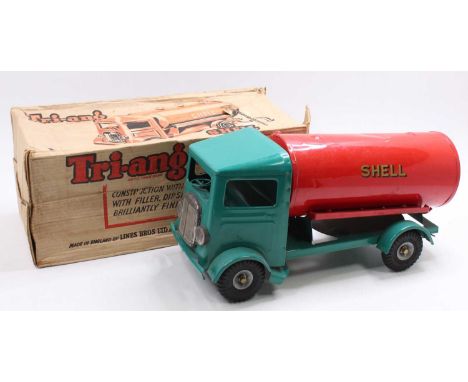 A Triang Toys large scale No. 204 Shell tank lorry comprising of mid-turquoise cab and chassis with red back and Shell livery