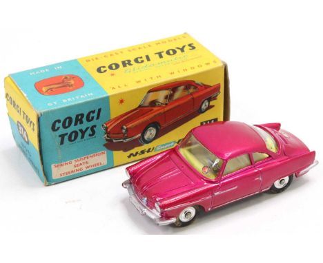 Corgi Toys No. 316 NSU sport Prinz comprising of metallic pink body with silver detailing and lemon yellow interior fitted wi